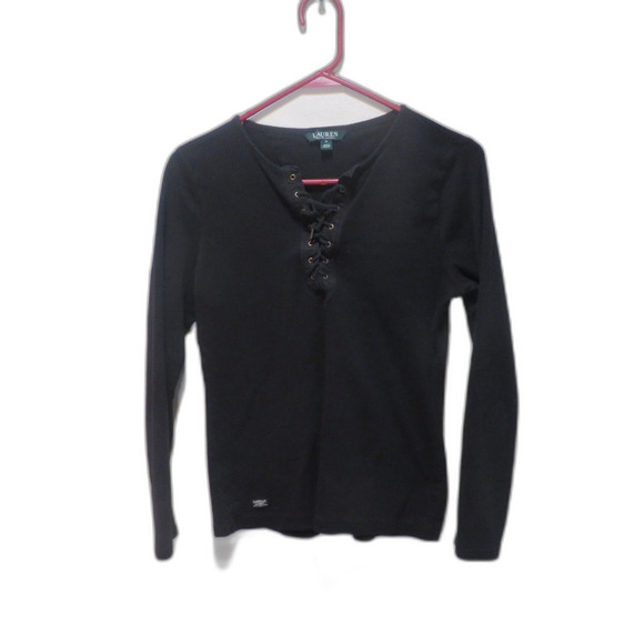 RALPH LAUREN Vintage 100% Cotton Lace Up Black Shirt Size M - Picture 2 of 5